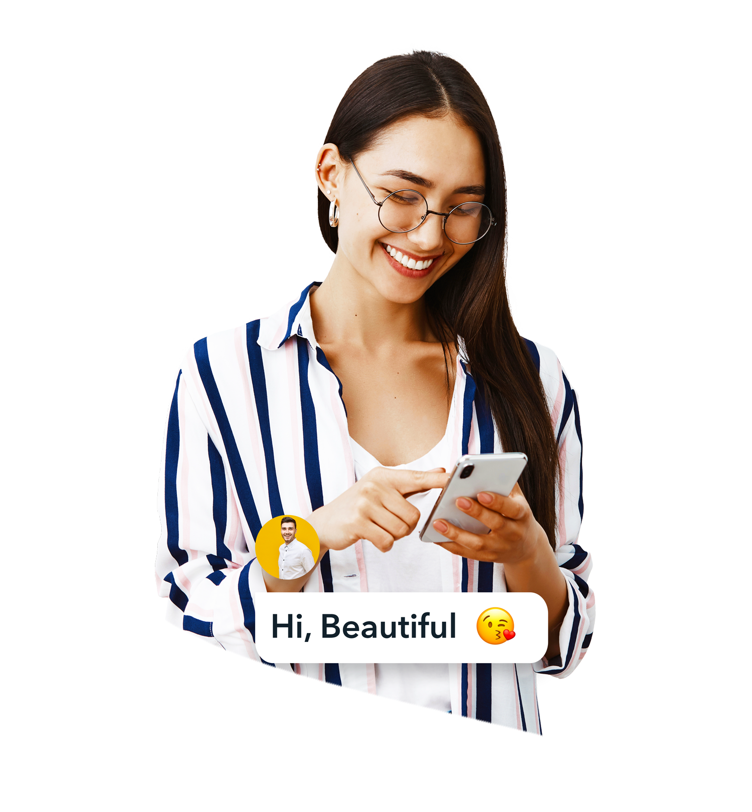 portrait-happy-attractive-stylish-woman-glasses-striped-blouse-scrolling-feed-while-using-smartphone-reading-amusing-article-internet-1